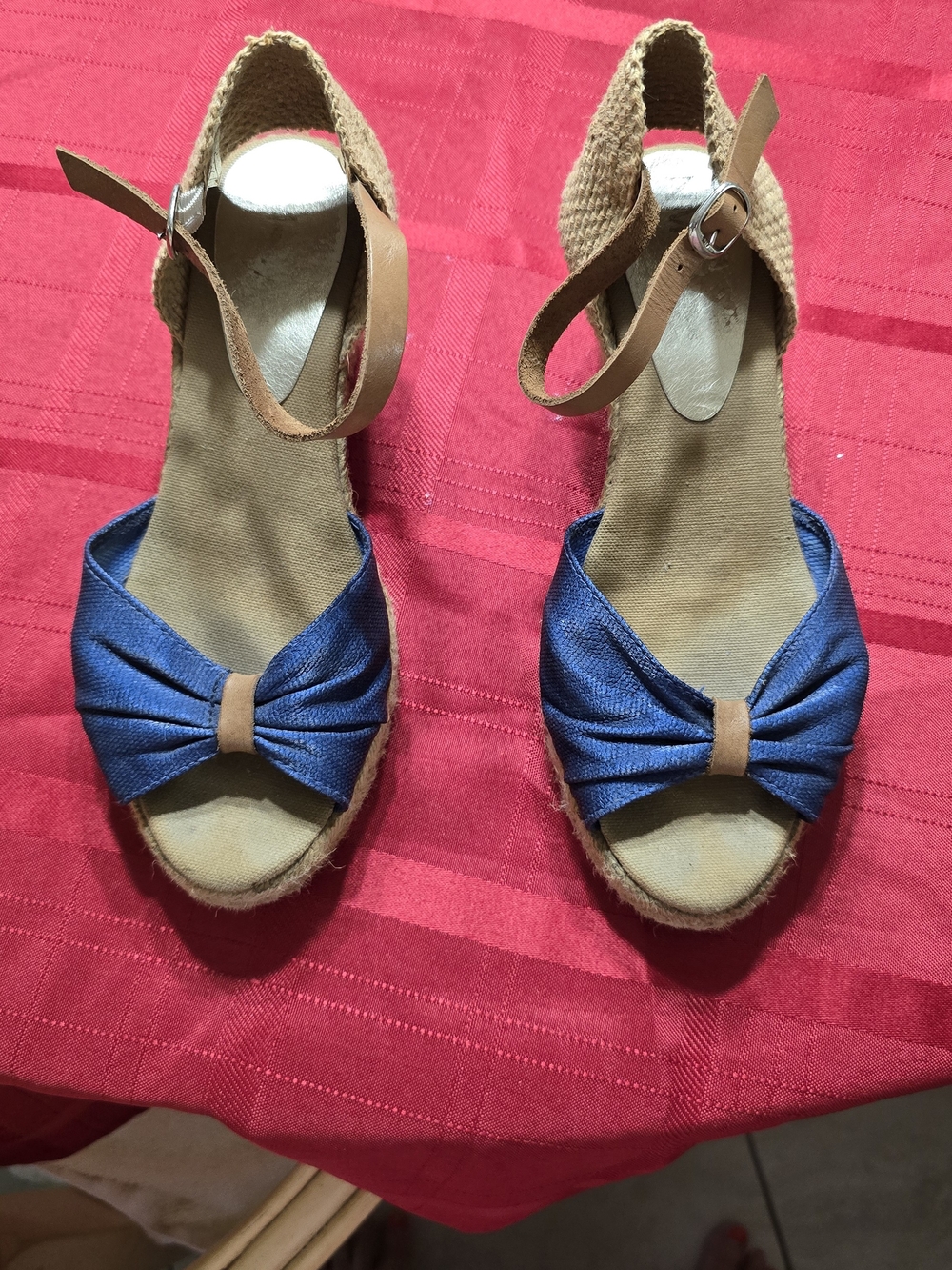 Neiman Marcus Blue and Tan Espadrille Wedge Sandals